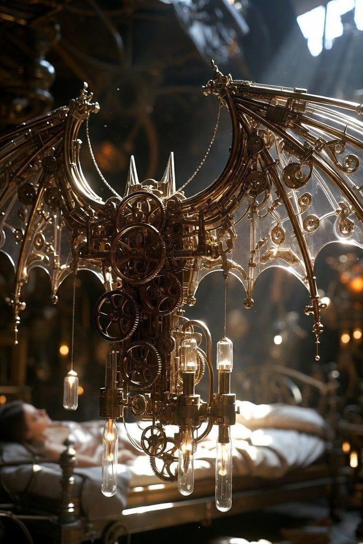 A person lying in bed with a large, intricate steampunk-style mechanical wing structure hanging above them.