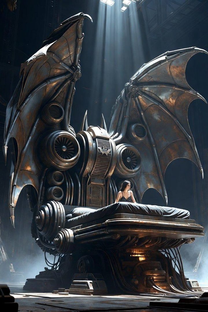 A woman in a black slip dress sits on a bed integrated into a large, steampunk-inspired mechanical structure with bat-like wings.