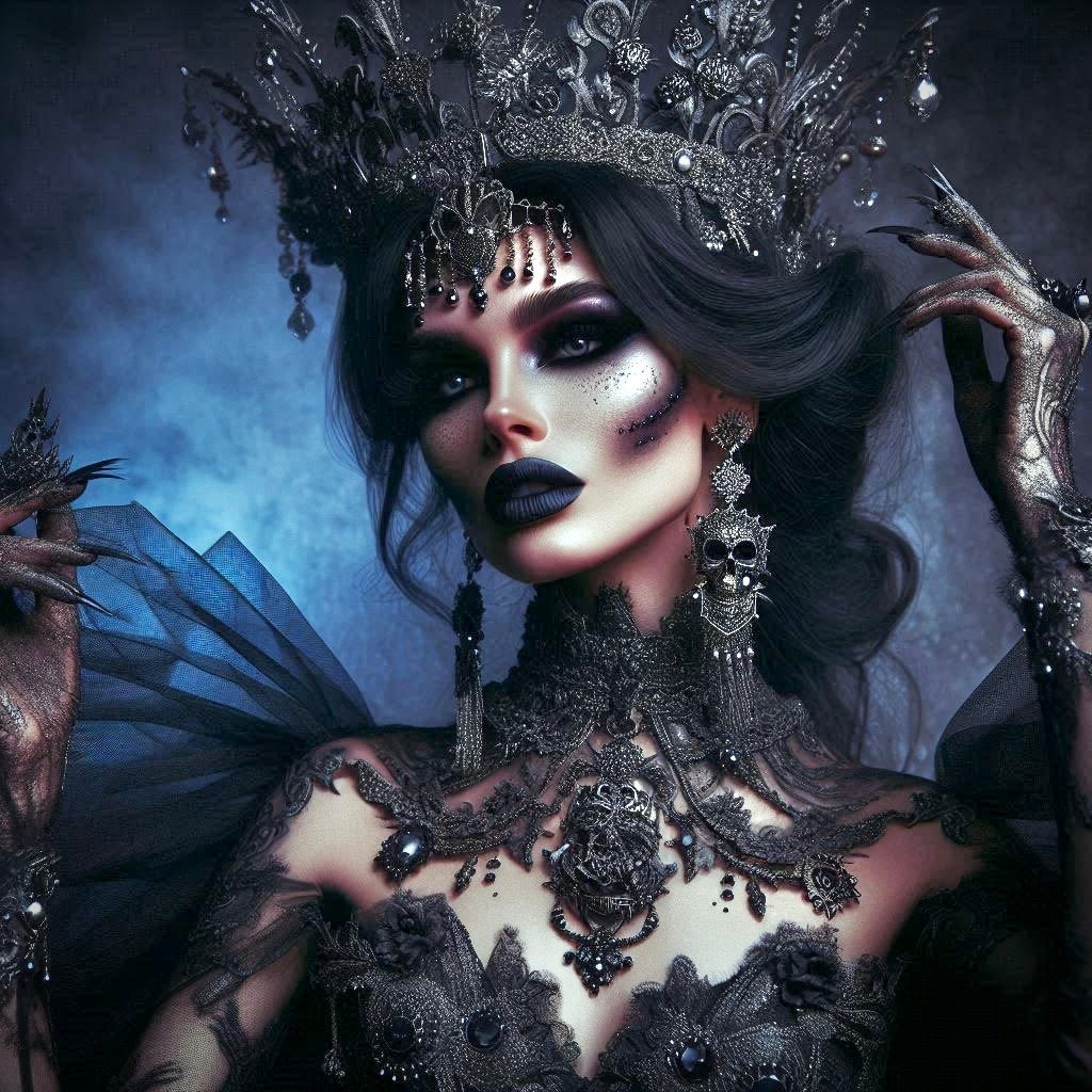 A gothic sorceress with dark hair, wearing an elaborate black crown and dress, with dramatic makeup and skull earrings.