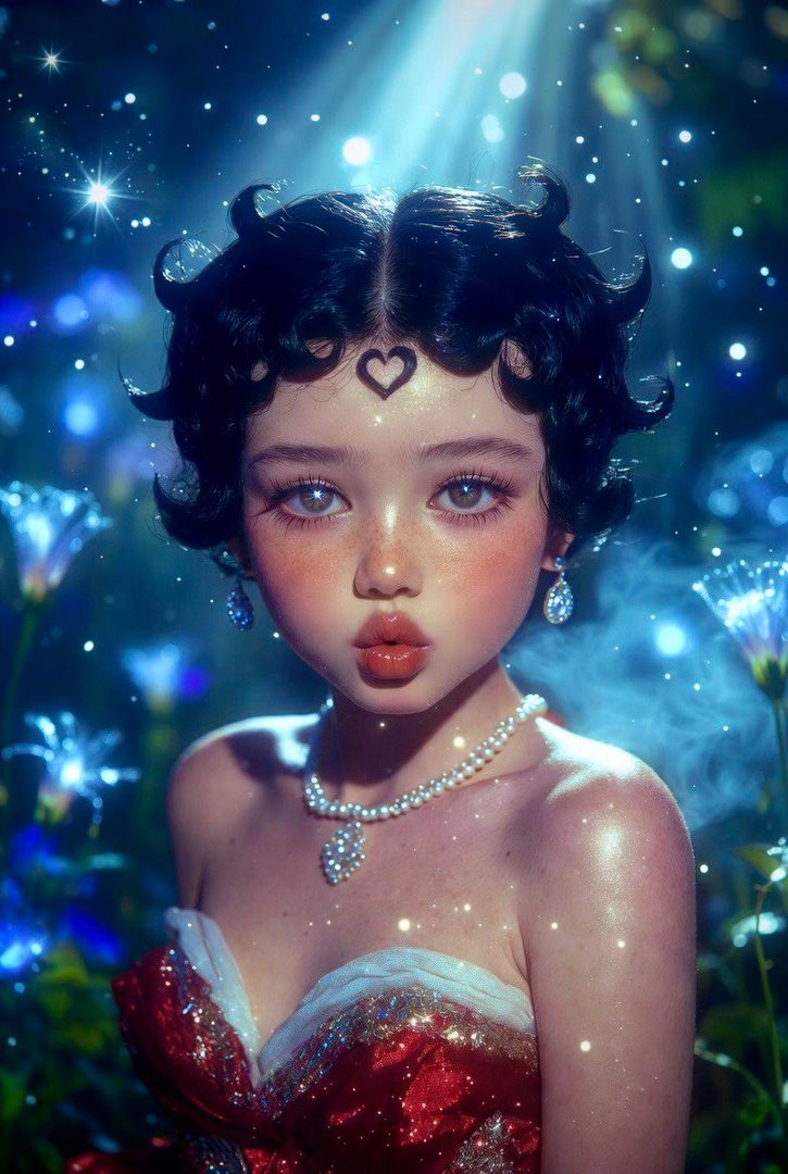AI-generated portrait of a woman with black curly hair, wearing a red dress and pearl necklace, with a heart-shaped beauty mark on her forehead, in a magical blue forest setting.