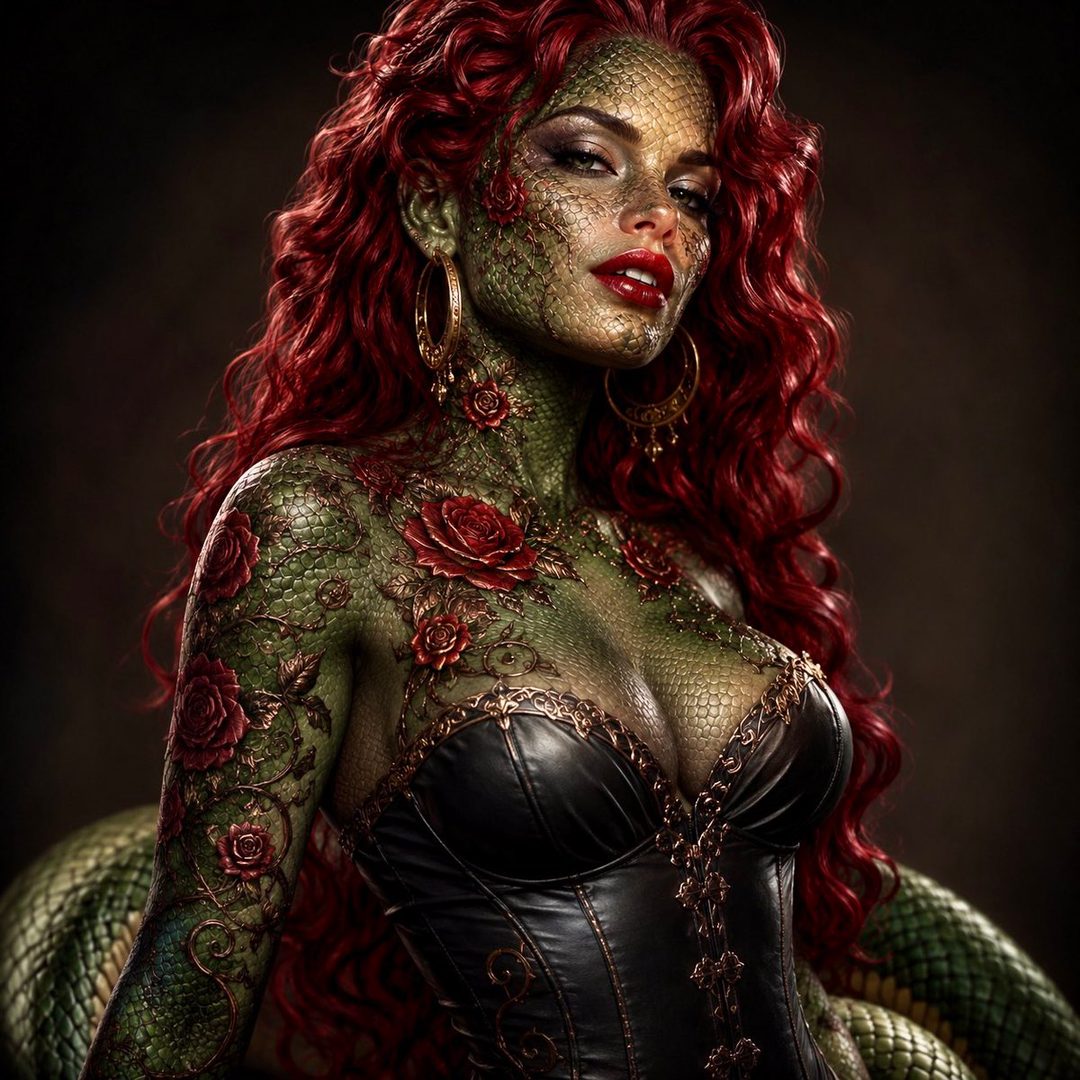 A photorealistic portrait of a woman with vibrant red hair, green scaly skin adorned with red roses, and a black corset, posing suggestively.