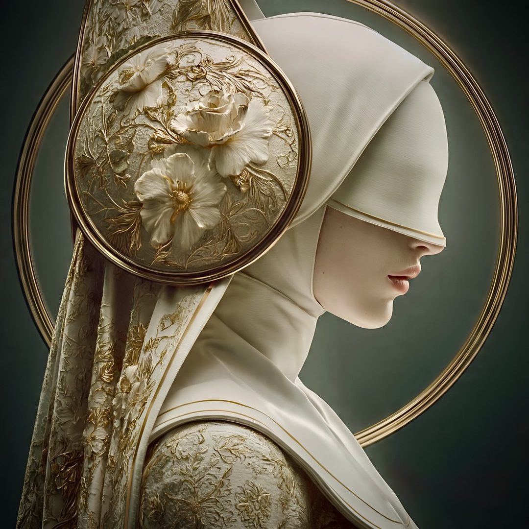 AI generated portrait of a woman in a white and gold ornate headdress and dress, with a circular gold halo.