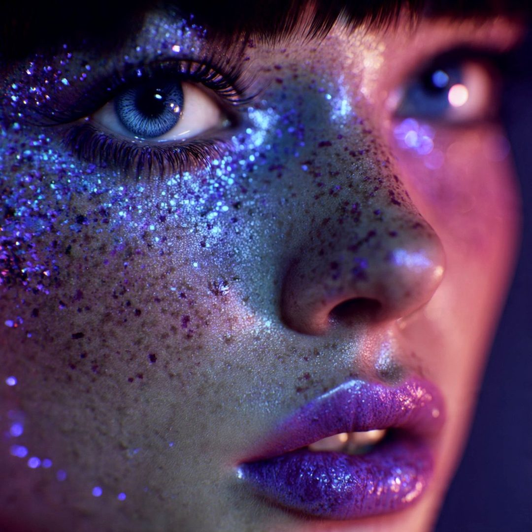 Close-up portrait of a young woman with vibrant purple glitter makeup on her face and lips, with blue eyes.