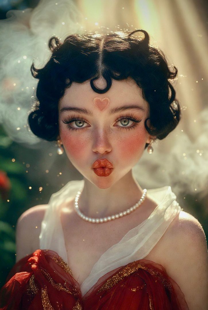 A photorealistic AI portrait of a woman with dark, curly hair styled in a vintage fashion, wearing a pearl necklace and a red dress, with a heart shape on her forehead and puckered lips.