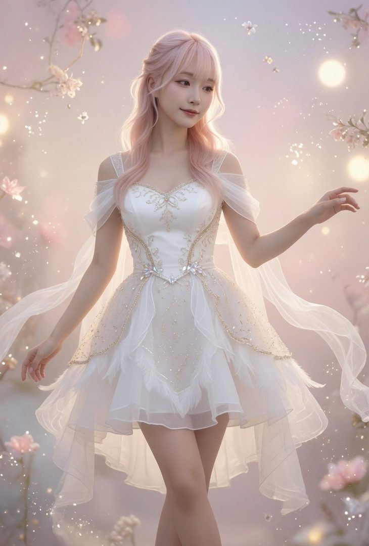 A young woman with long pink hair, wearing a white and gold ornate dress, posing outdoors with a dreamy, sparkling background.