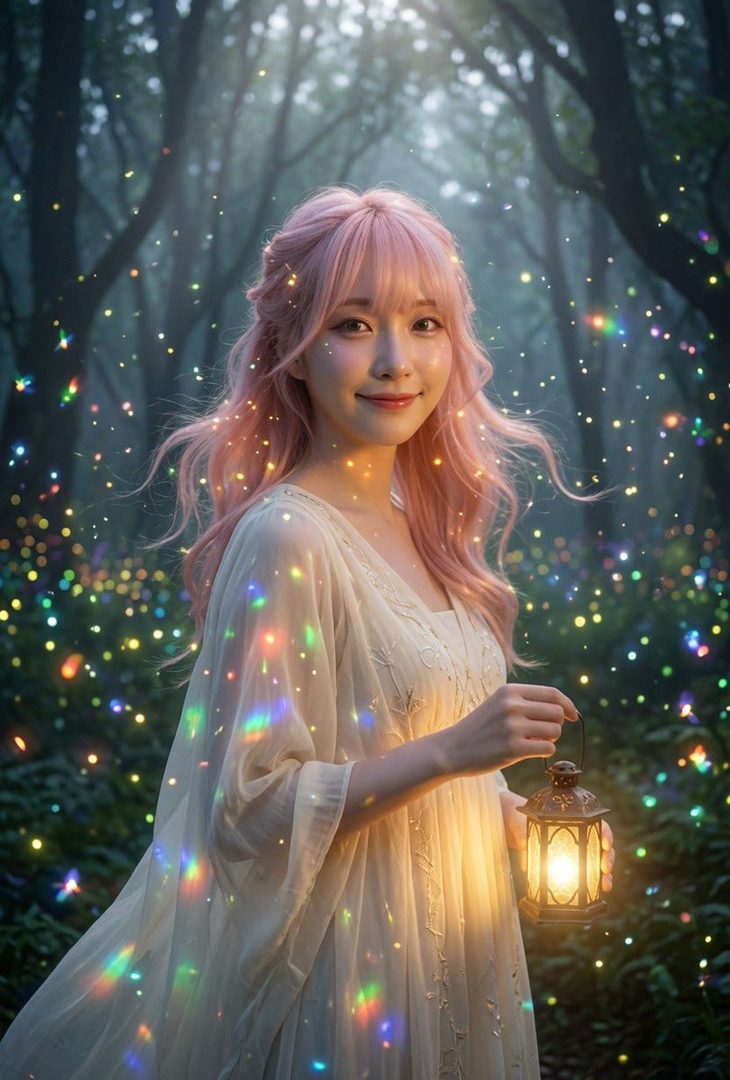 A young woman with long pink hair holds a lantern in a magical forest filled with sparkling lights.