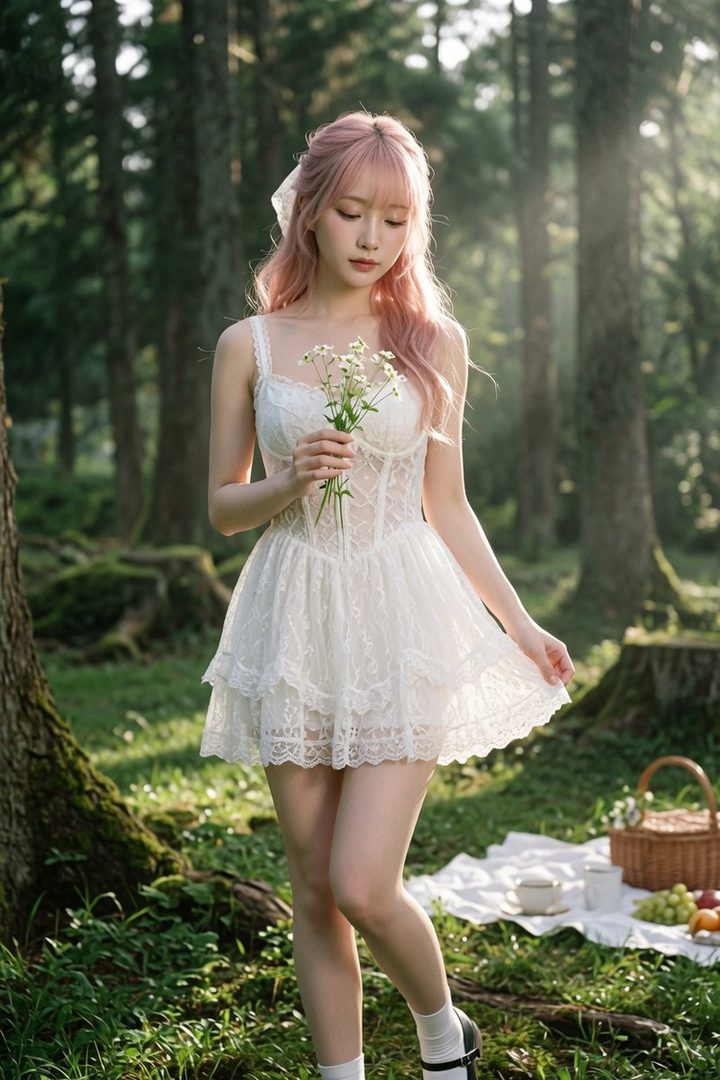 A young woman with pink hair and a white lace dress stands in a sun-dappled forest, holding a bouquet of small white flowers.