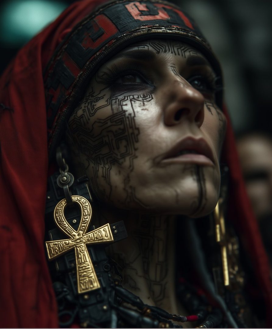 A close-up portrait of a woman with intricate circuit-like tattoos on her face and neck, wearing a red headscarf and a large golden ankh earring.