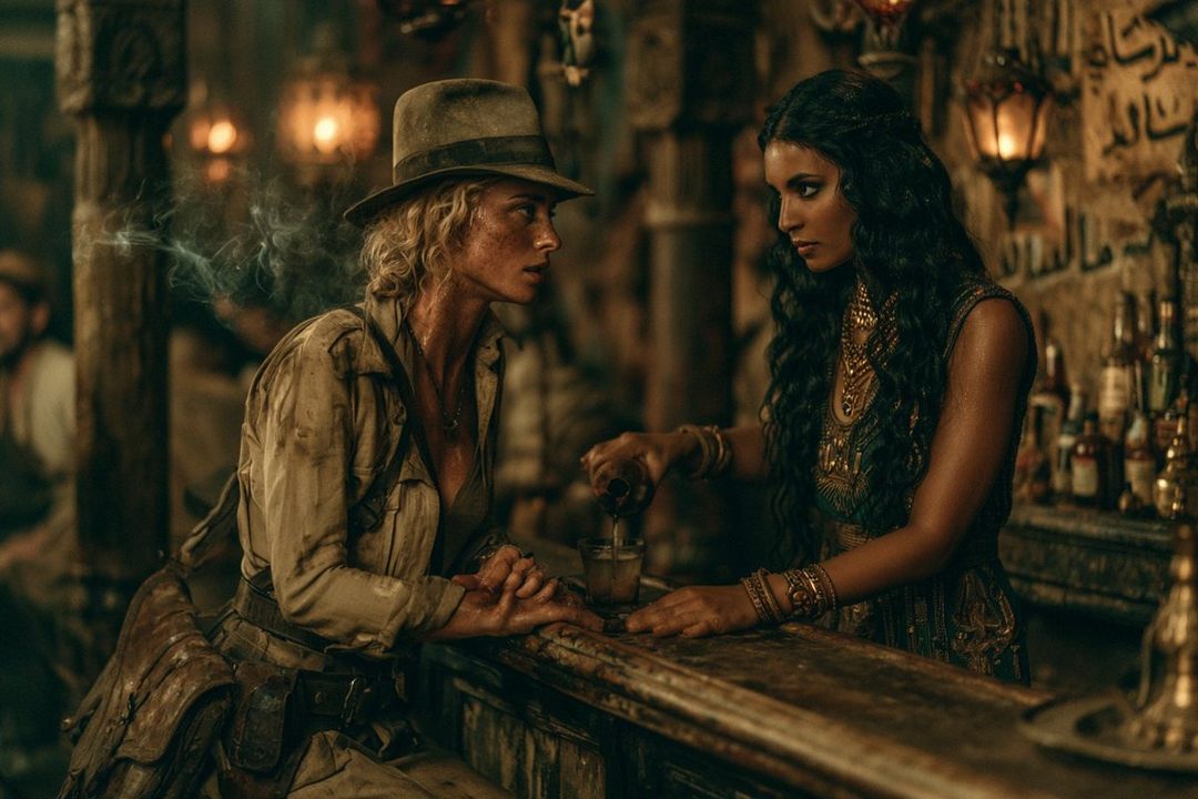 Two women in a dimly lit, exotic tavern. One woman wears a fedora and adventurer's clothing, while the other, dressed in ornate jewelry and attire, serves a drink.