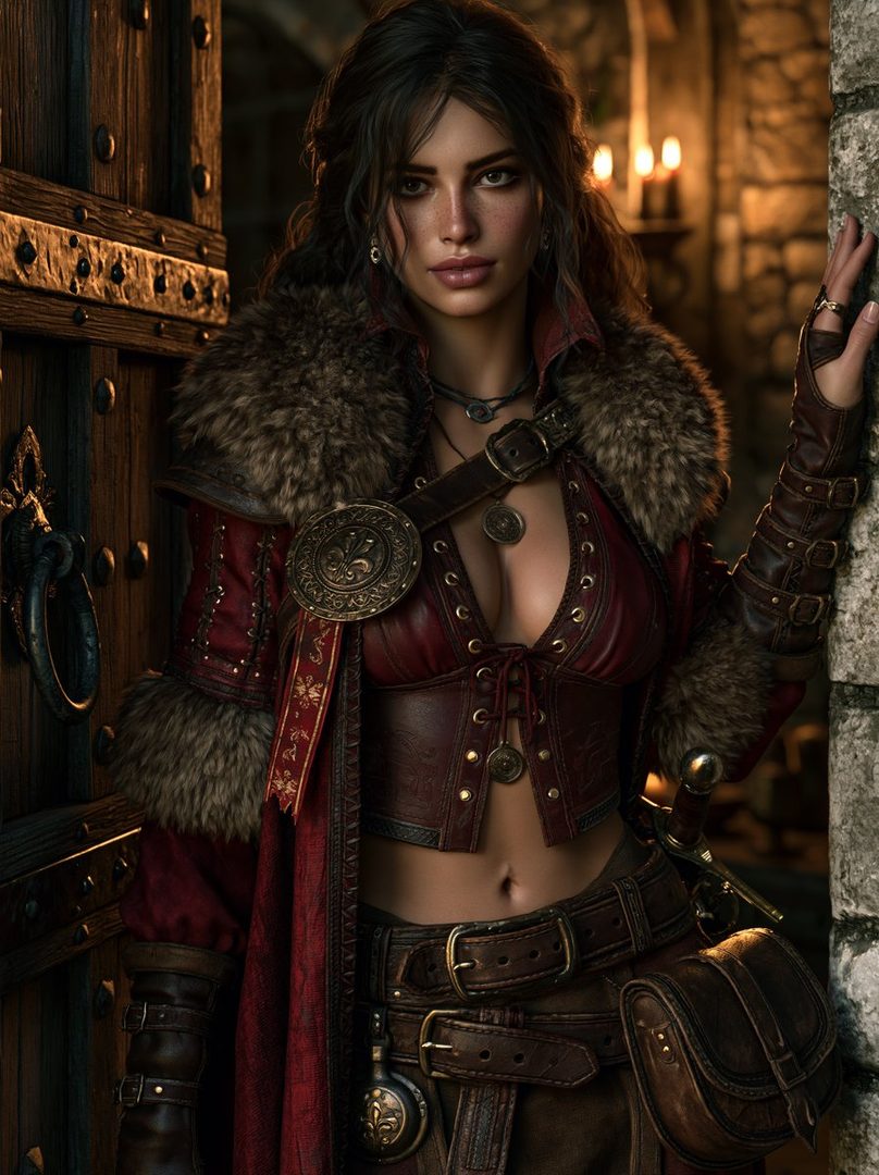 A woman in a fantasy-themed outfit with fur trim and leather accents, standing in a dimly lit, rustic interior.