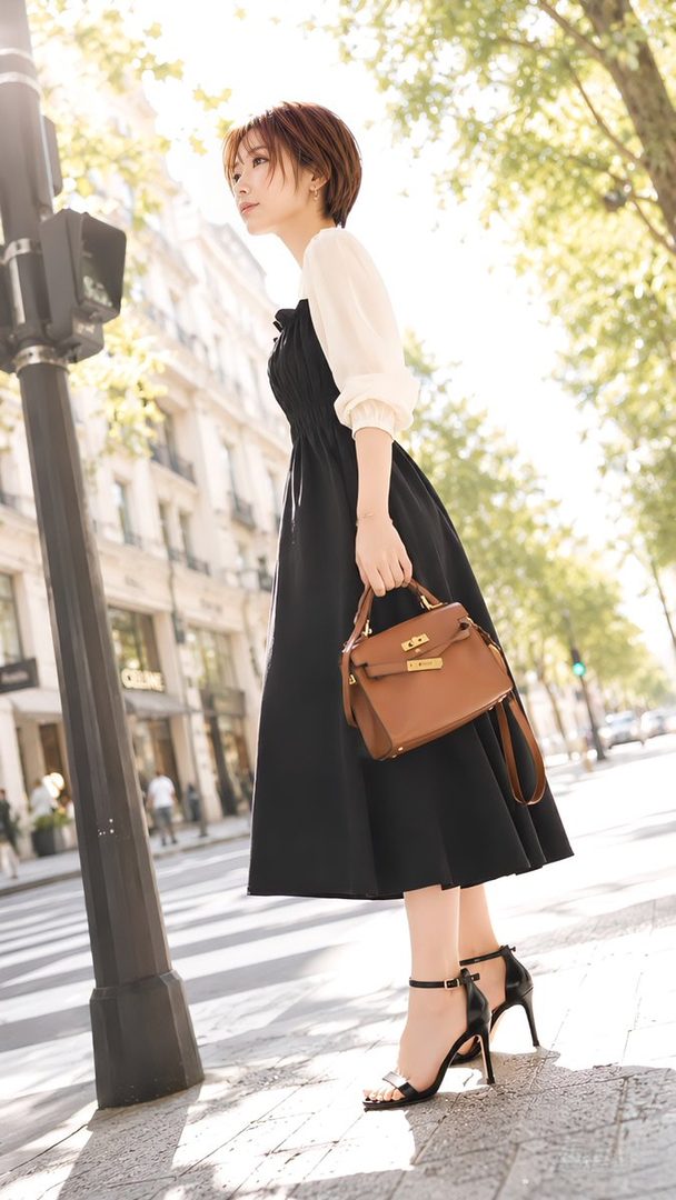 A woman with short brown hair, wearing a black and white dress and high heels, stands on a city street holding a brown handbag.