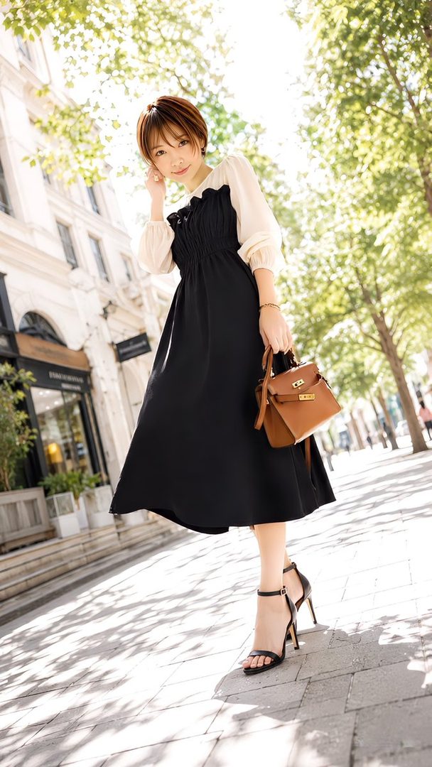 A young Japanese woman in a black and white dress and high heels poses on a sun-dappled street, holding a brown handbag.