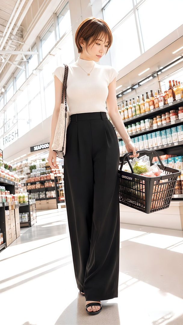 A young woman with short brown hair walks through a brightly lit supermarket, holding a shopping basket filled with groceries. She is wearing a white turtleneck top and black wide-leg pants.