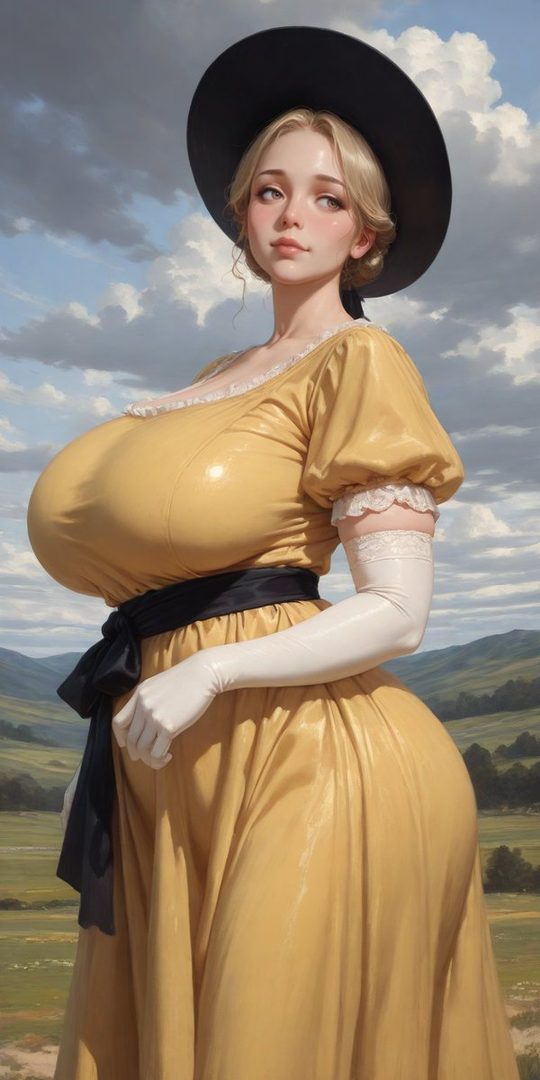 A blonde woman in a yellow dress, black hat, and white gloves poses outdoors with a scenic landscape in the background.