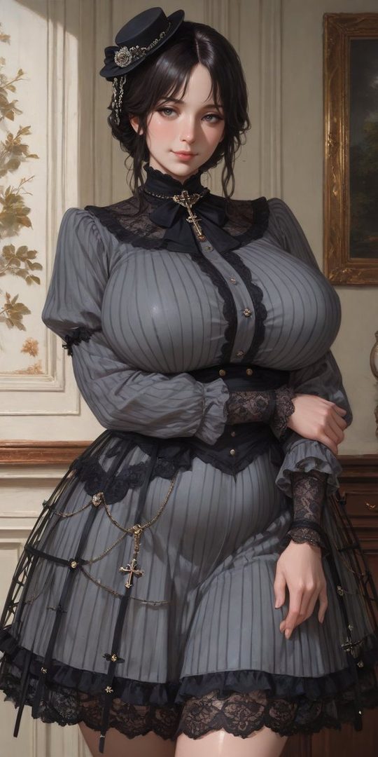 A photorealistic AI-generated portrait of a woman with dark hair wearing a gothic-inspired grey and black lace dress, standing indoors.
