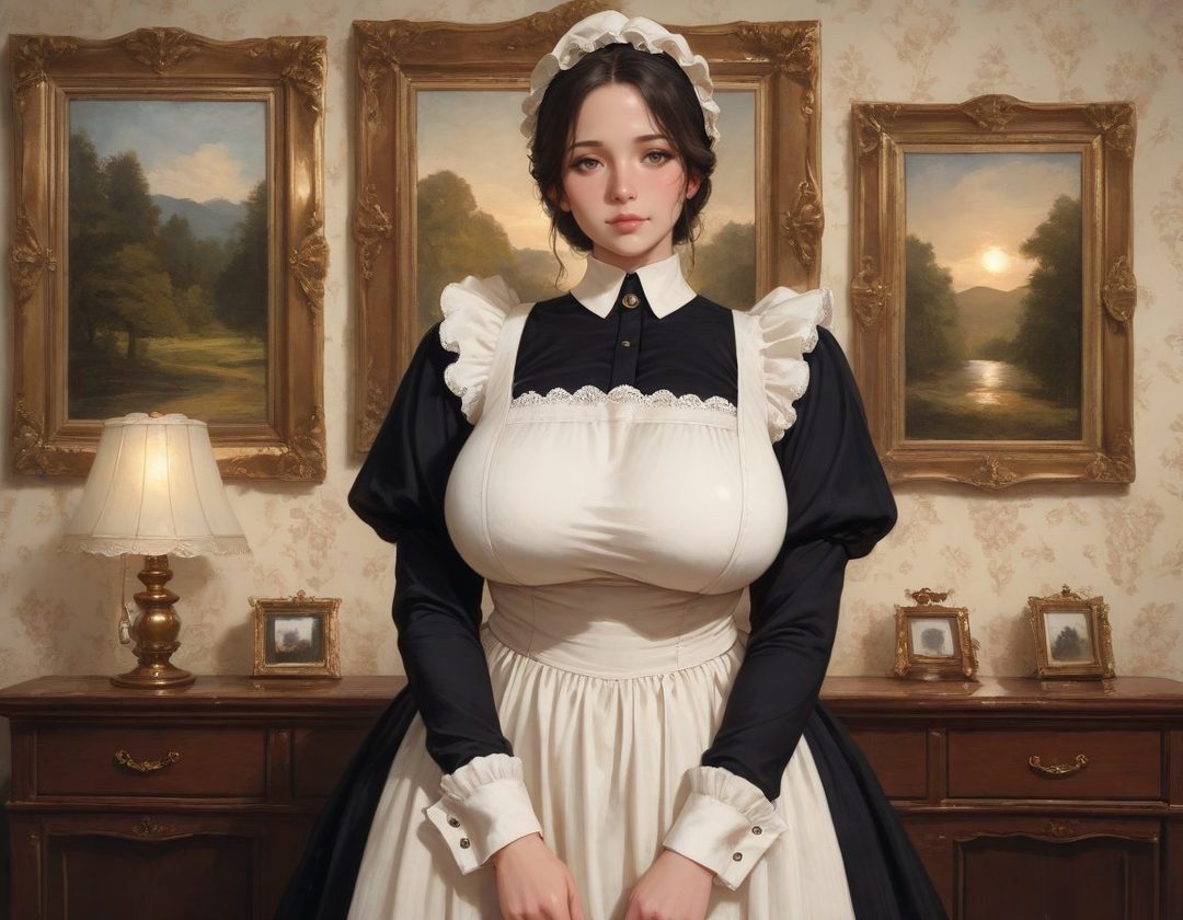 A young woman in a classic maid outfit stands indoors, posing for a portrait.