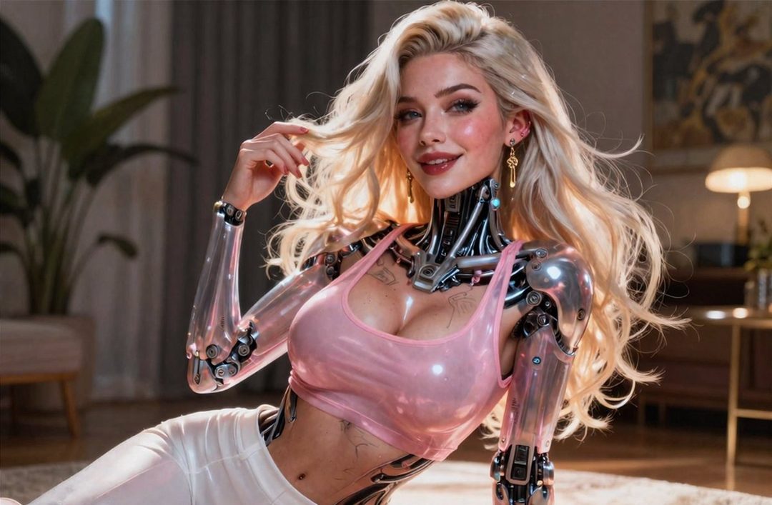 A photorealistic AI-generated portrait of a blonde woman with robotic limbs, wearing a pink tank top and white pants, posing indoors.