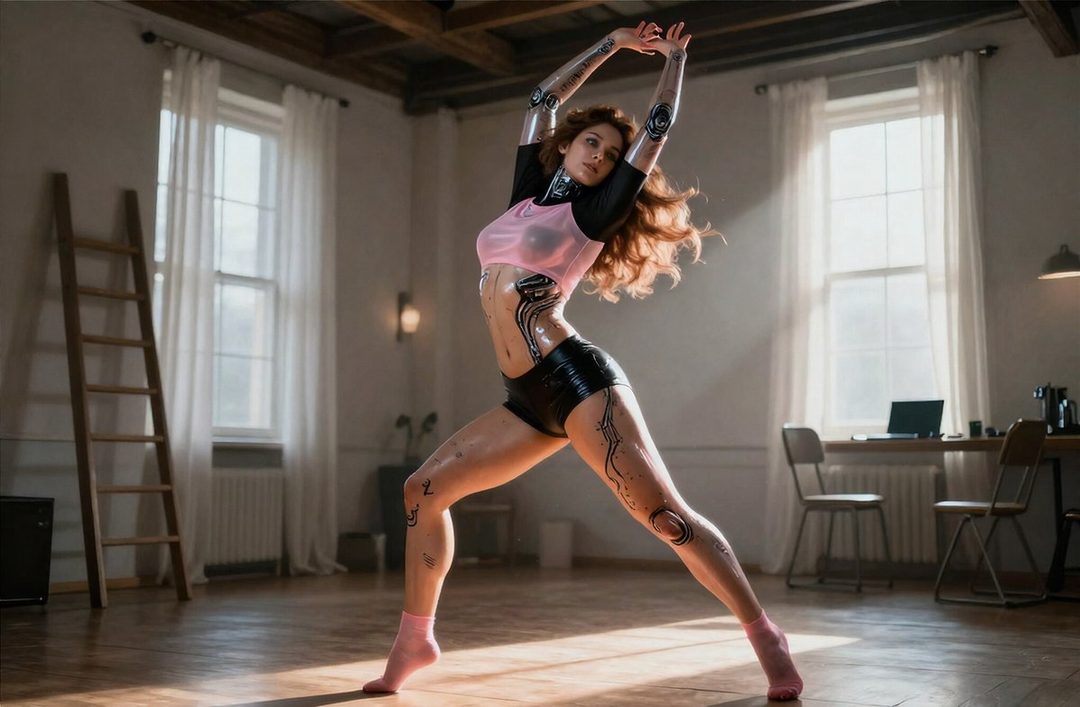 A woman with long red hair and cybernetic enhancements poses in a dance studio.