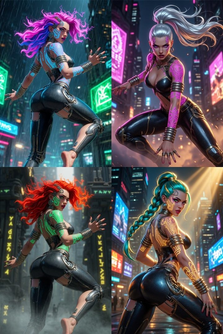 Four cyberpunk women with vibrant hair and glowing circuit tattoos posing in a neon-lit city at night.
