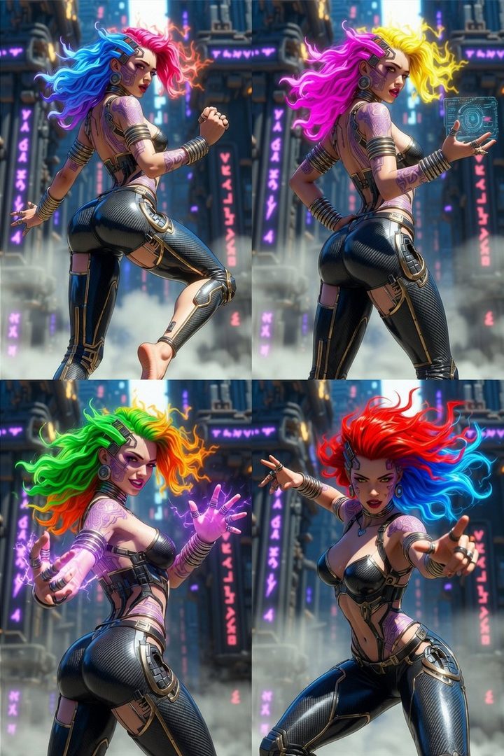 Four AI-generated portraits of a woman with vibrant, multi-colored hair and futuristic cybernetic-style clothing, posing in a neon-lit city.