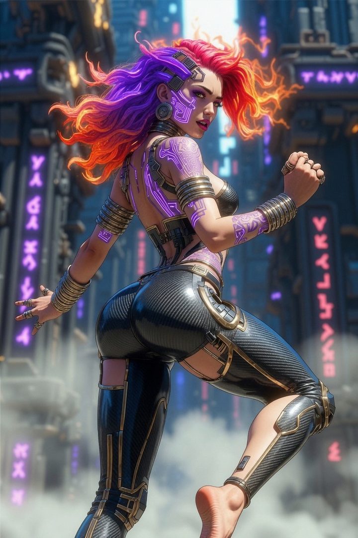A futuristic woman with vibrant red and purple hair, adorned with glowing purple cybernetic tattoos, poses provocatively in a neon-lit city.