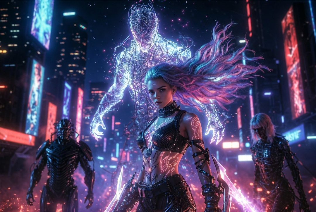 A futuristic portrait of a woman with glowing tattoos and cybernetic companions in a neon-lit city at night.