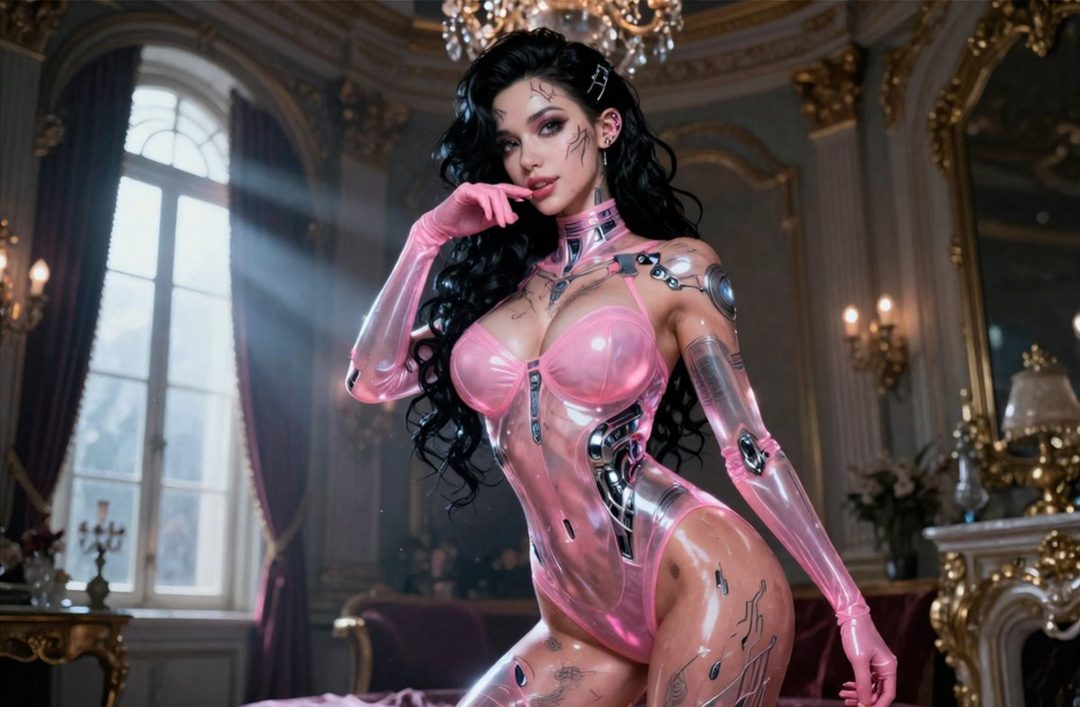 A photorealistic AI-generated portrait of a woman in a pink futuristic bodysuit with metallic accents, posing in an opulent indoor setting.