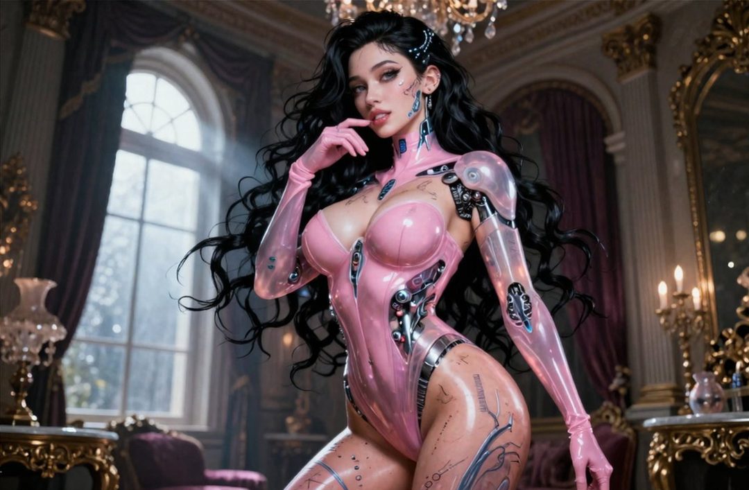 A photorealistic AI-generated portrait of a woman with long black hair, wearing a pink cybernetic bodysuit, posing in an opulent indoor setting.