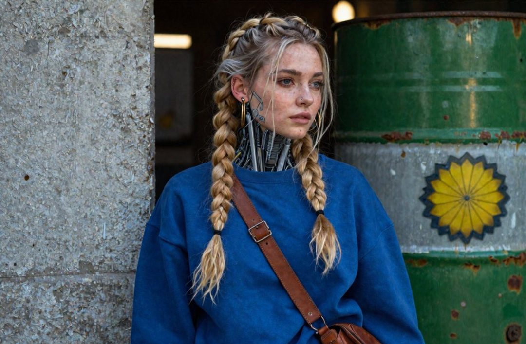 A young woman with blonde braided hair and robotic neck implants stands outdoors, looking to the side.