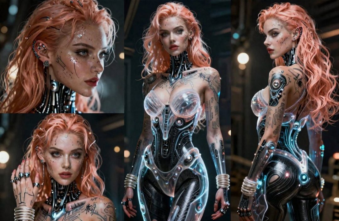 A photorealistic AI-generated portrait of a woman with pink hair, wearing a futuristic biomechanical outfit, adorned with tattoos and jewelry, in a suggestive pose.