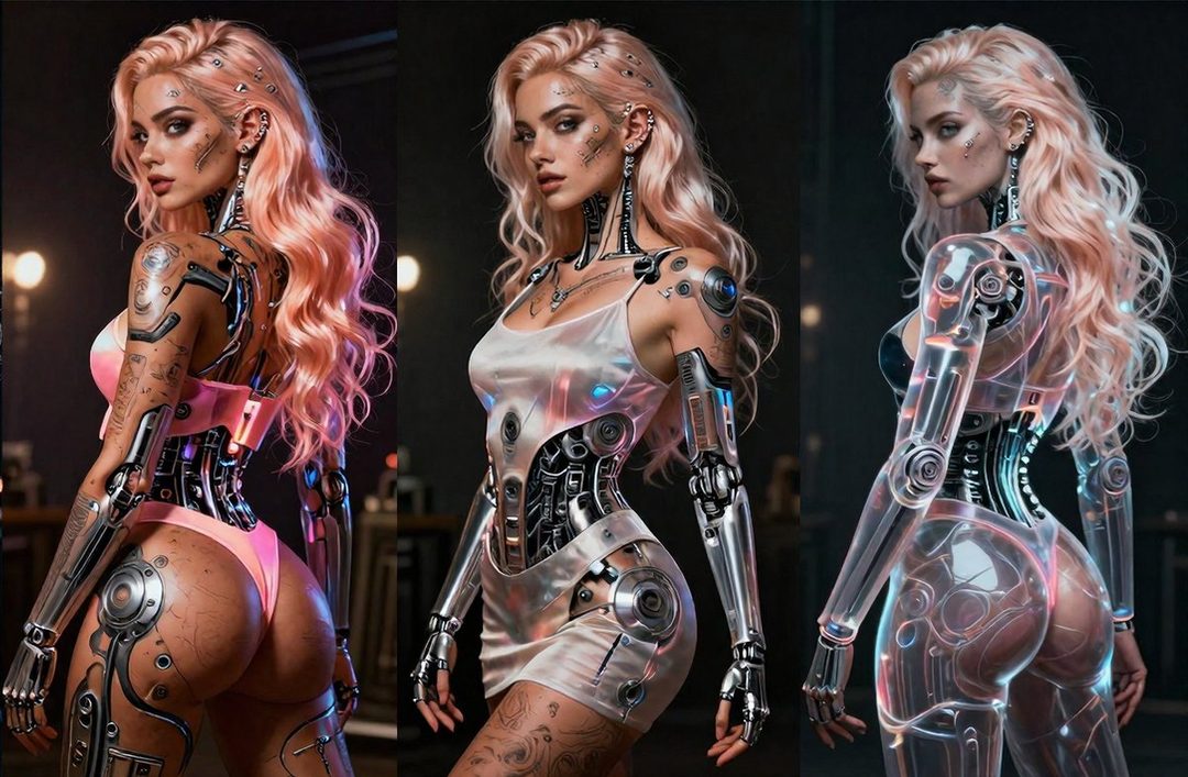 A cyborg woman with long blonde hair and a metallic, robotic body, posing in a suggestive manner.