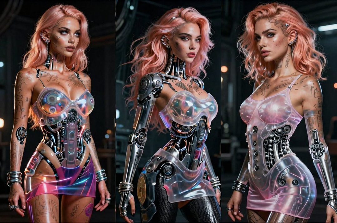 Three AI-generated portraits of a woman with pink hair and a robotic body, wearing a transparent dress.