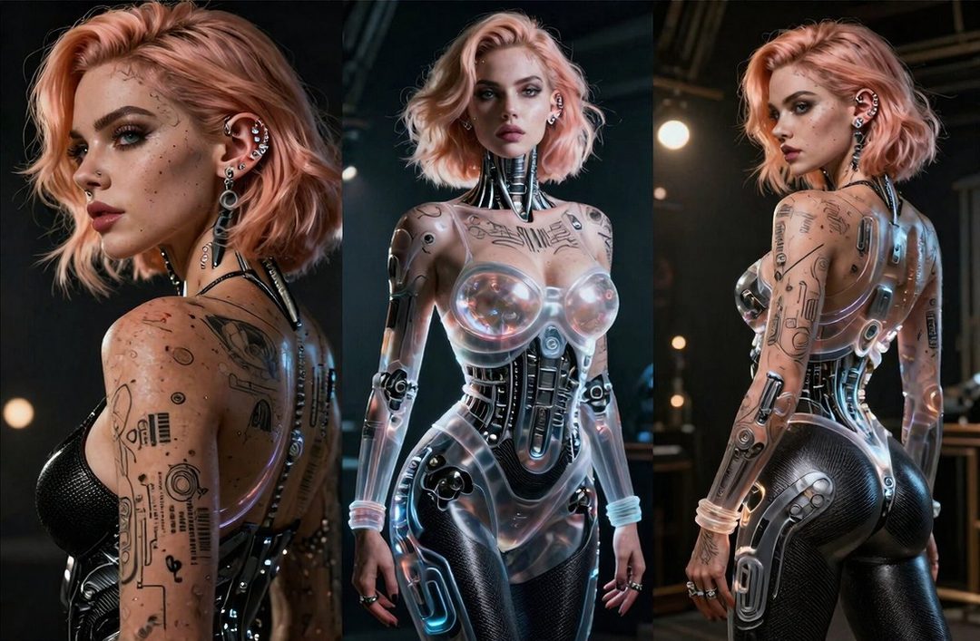 A photorealistic AI-generated portrait of a woman with short pink hair, wearing a futuristic cybernetic outfit, with intricate tattoos.