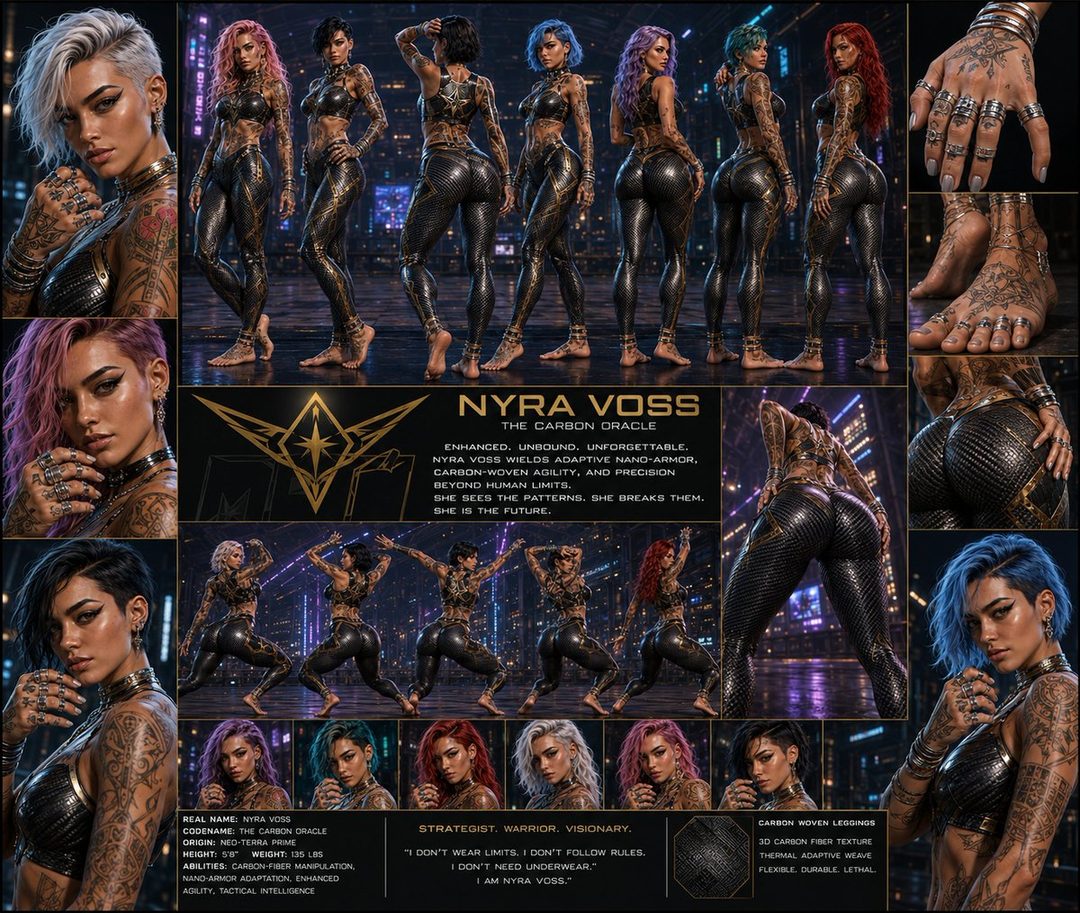 A composite portrait of Nyra Voss, 'The Carbon Oracle', showcasing her in futuristic carbon-woven armor with various poses and close-ups.