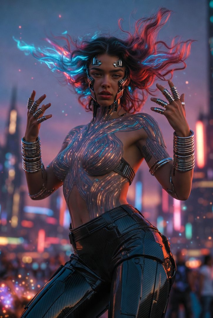 A futuristic woman with glowing cybernetic enhancements and metallic body paint poses in a neon-lit city at night.