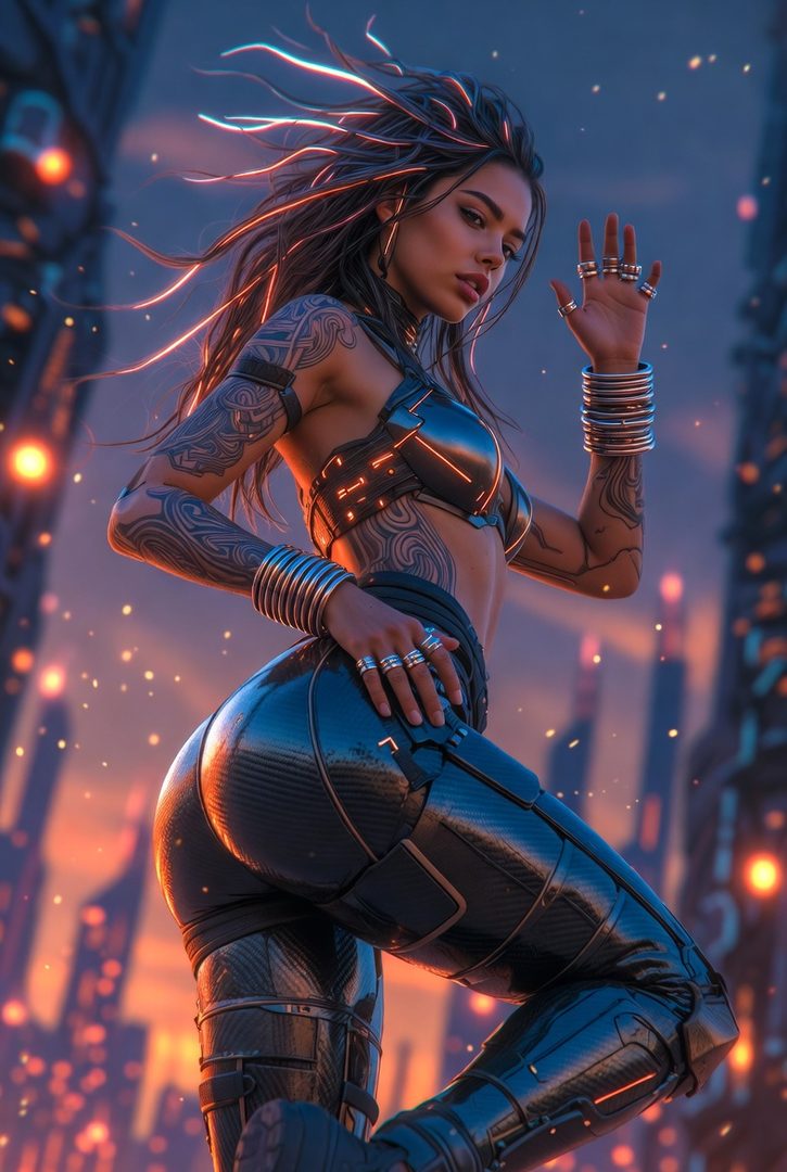 A woman with intricate tattoos and glowing hair poses in a futuristic city at night.