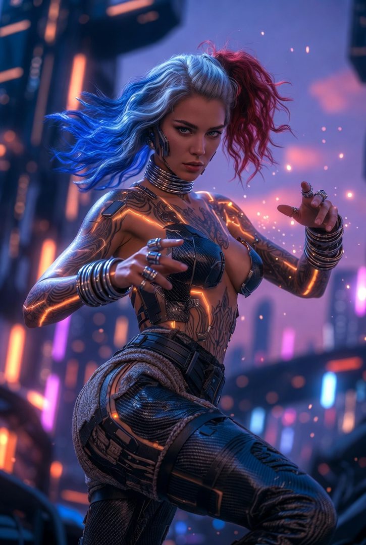 A woman with blue and red hair, covered in glowing tattoos, poses in a futuristic city at night.