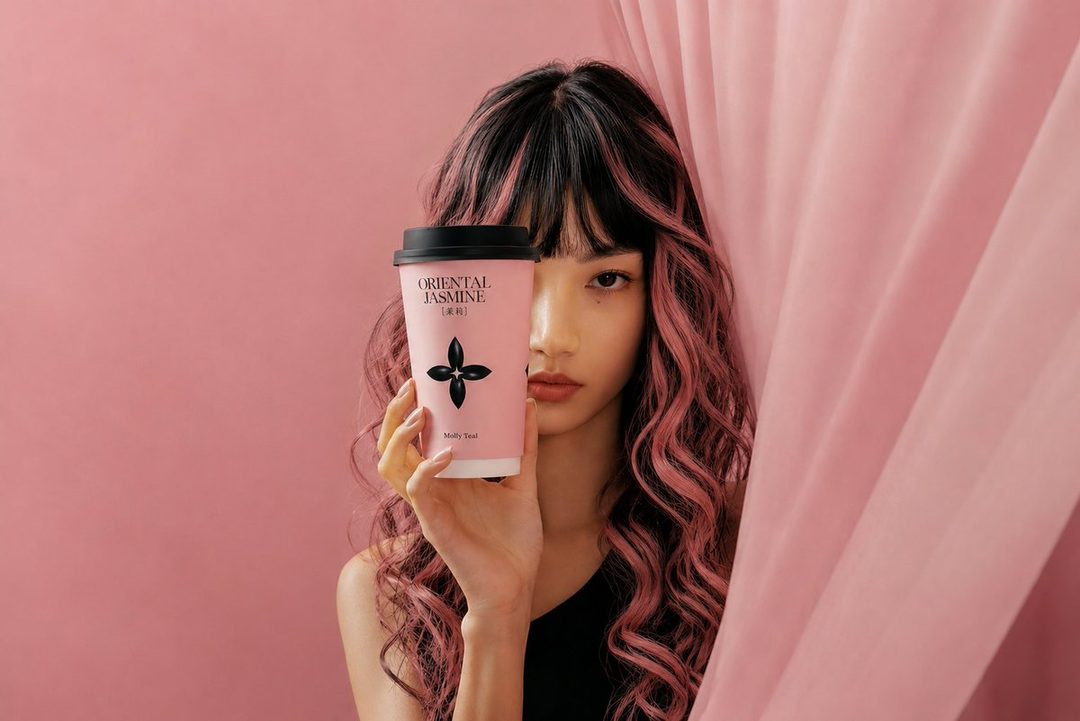 A young East Asian woman with long, wavy black hair with pink highlights holds a pink "Oriental Jasmine" tea cup in front of her face against a pink backdrop.