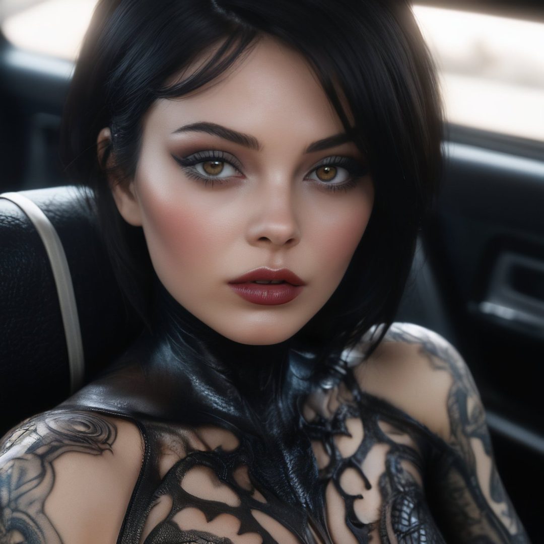 A photorealistic portrait of a young woman with short black hair and striking makeup, wearing a black, intricate outfit, sitting in a car.