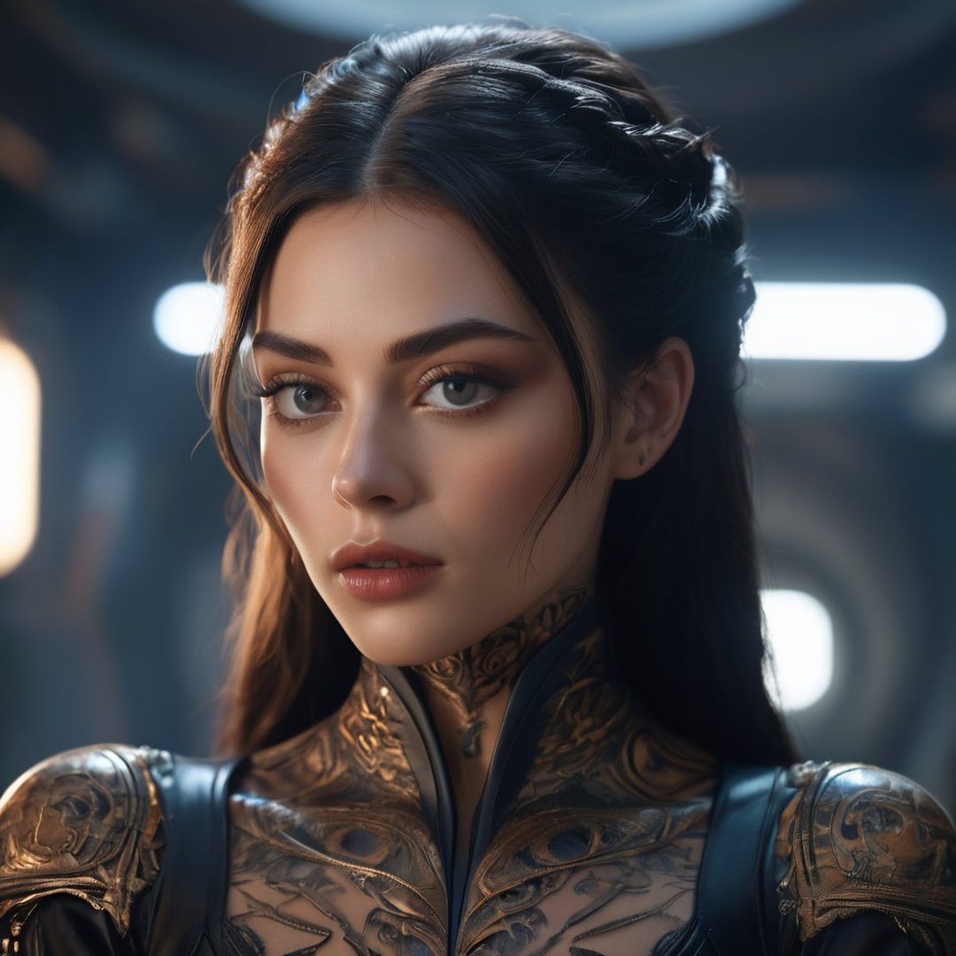Photorealistic portrait of a young woman with dark hair styled in braids, wearing an ornate golden and black outfit, looking directly at the camera with a serious expression.