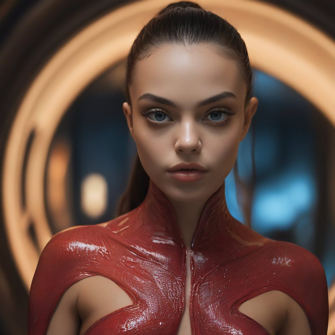 Photorealistic portrait of a young woman with blue eyes and black hair in a high ponytail, wearing a shiny red futuristic outfit, indoors with a circular light in the background.