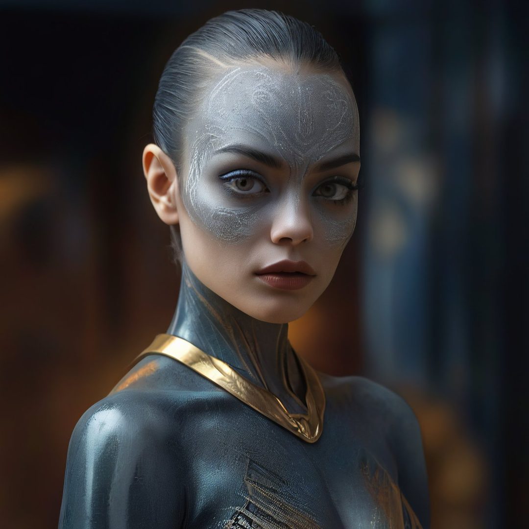 Photorealistic portrait of a woman with grey, patterned face paint and a golden necklace.