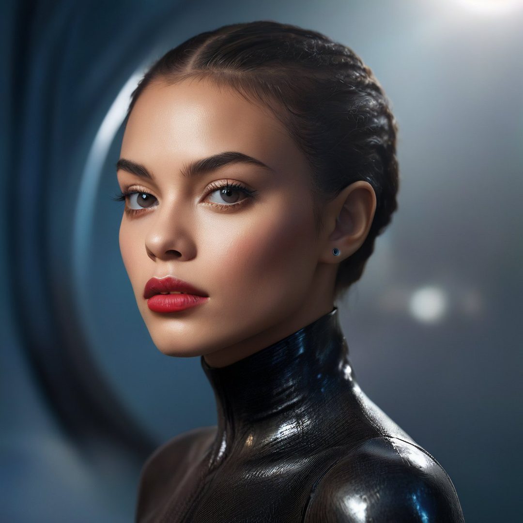 Photorealistic portrait of a young woman with dark braided hair, wearing a black high-neck garment, with striking red lipstick and subtle makeup, against a blurred blue background.