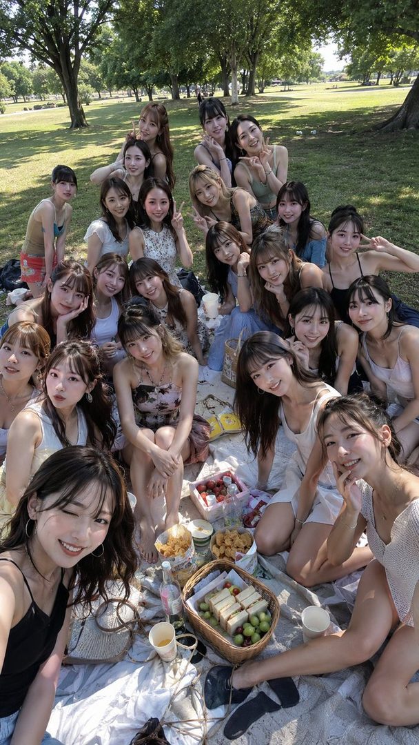 A large group of young women are enjoying a picnic in a sunny park, smiling and posing for the camera with food and drinks laid out on a blanket.