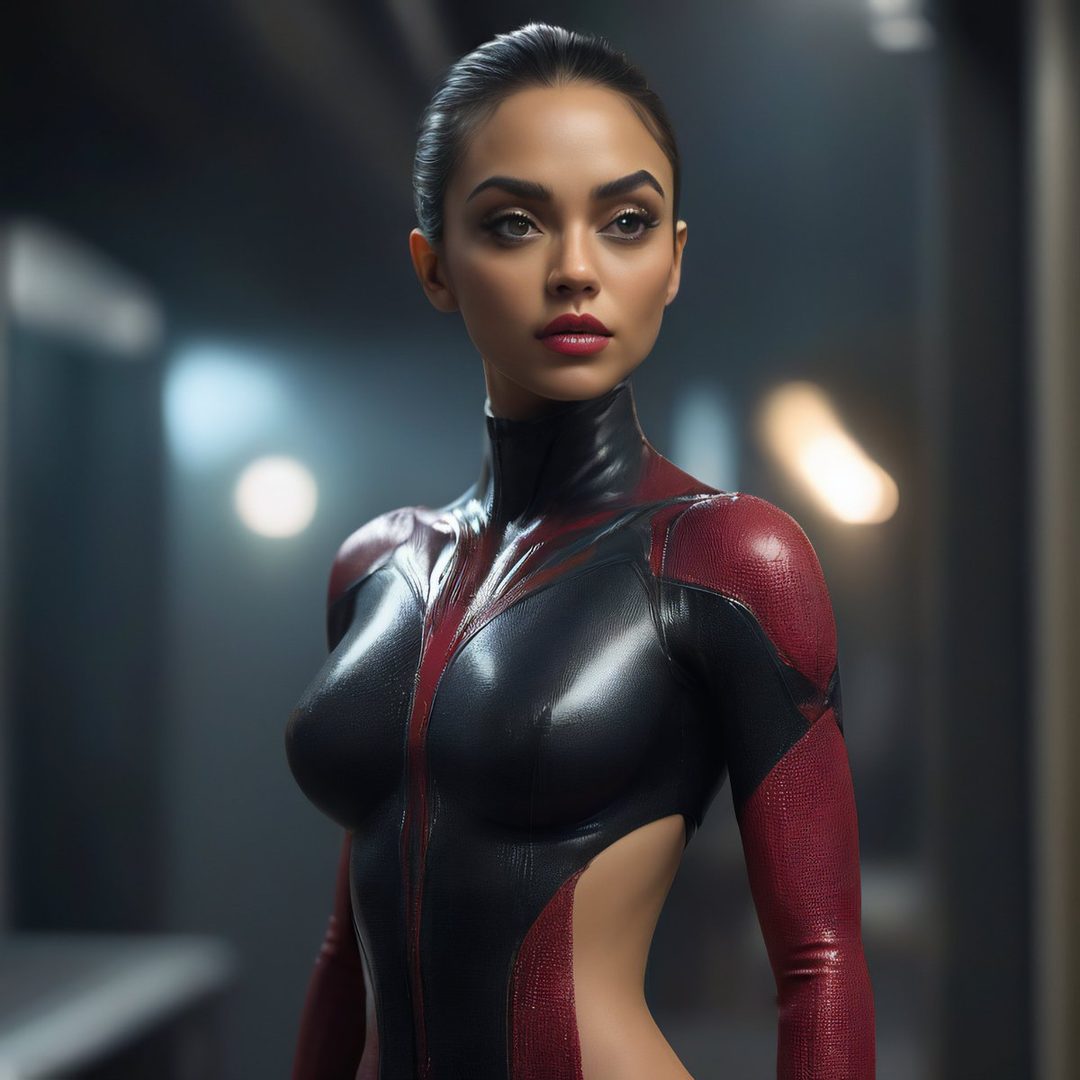 A photorealistic portrait of a woman in a sleek black and red bodysuit, with her hair pulled back and dramatic makeup.