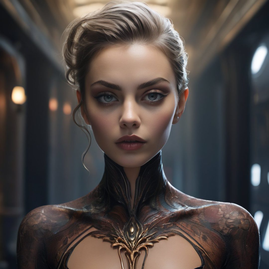 A photorealistic portrait of a woman with blonde hair styled up, wearing an ornate brown and gold dress, with a dramatic neckline.