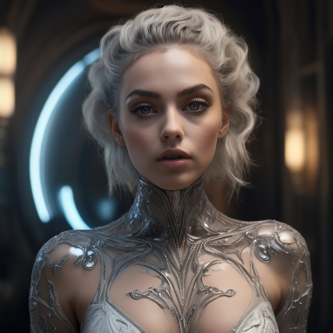 A photorealistic portrait of a woman with short, wavy white hair, wearing a futuristic silver outfit, with a soft glow in the background.