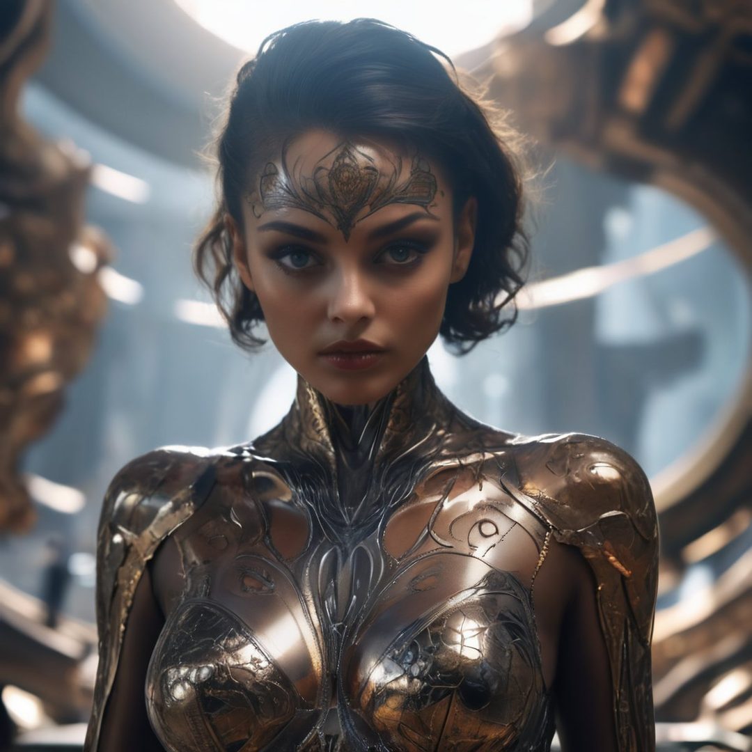 A photorealistic portrait of a woman with dark hair and intricate golden armor, looking directly at the camera with a serious expression.