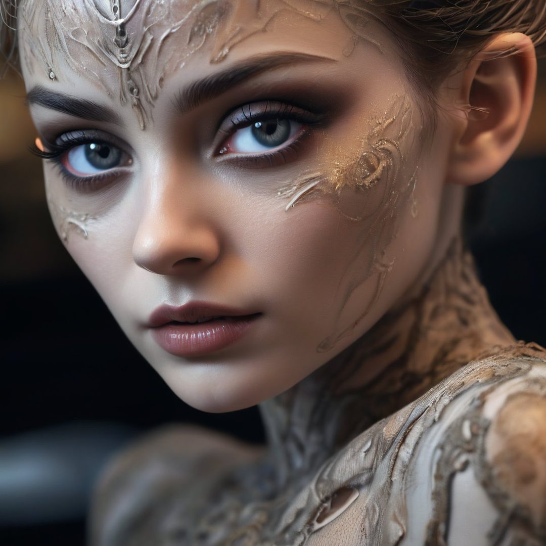 Close-up portrait of an AI-generated woman with intricate facial markings and striking blue eyes, looking directly at the camera.