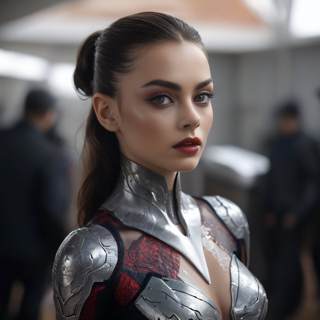 A photorealistic portrait of a woman with dark hair in a ponytail, wearing futuristic armor with red accents, looking confidently at the camera.